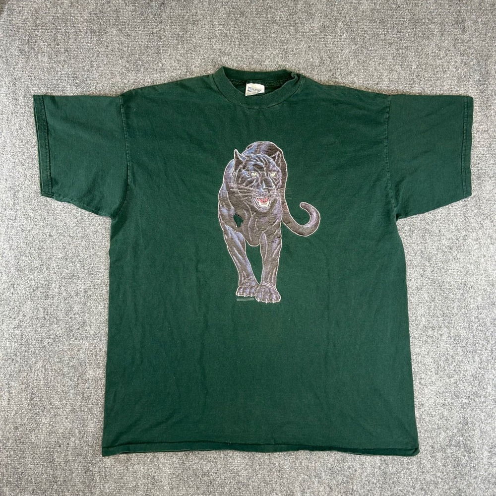 Vintage 2001 Tultex Black Panther Graphic T-Shirt Green 2XL Distressed Y2K
